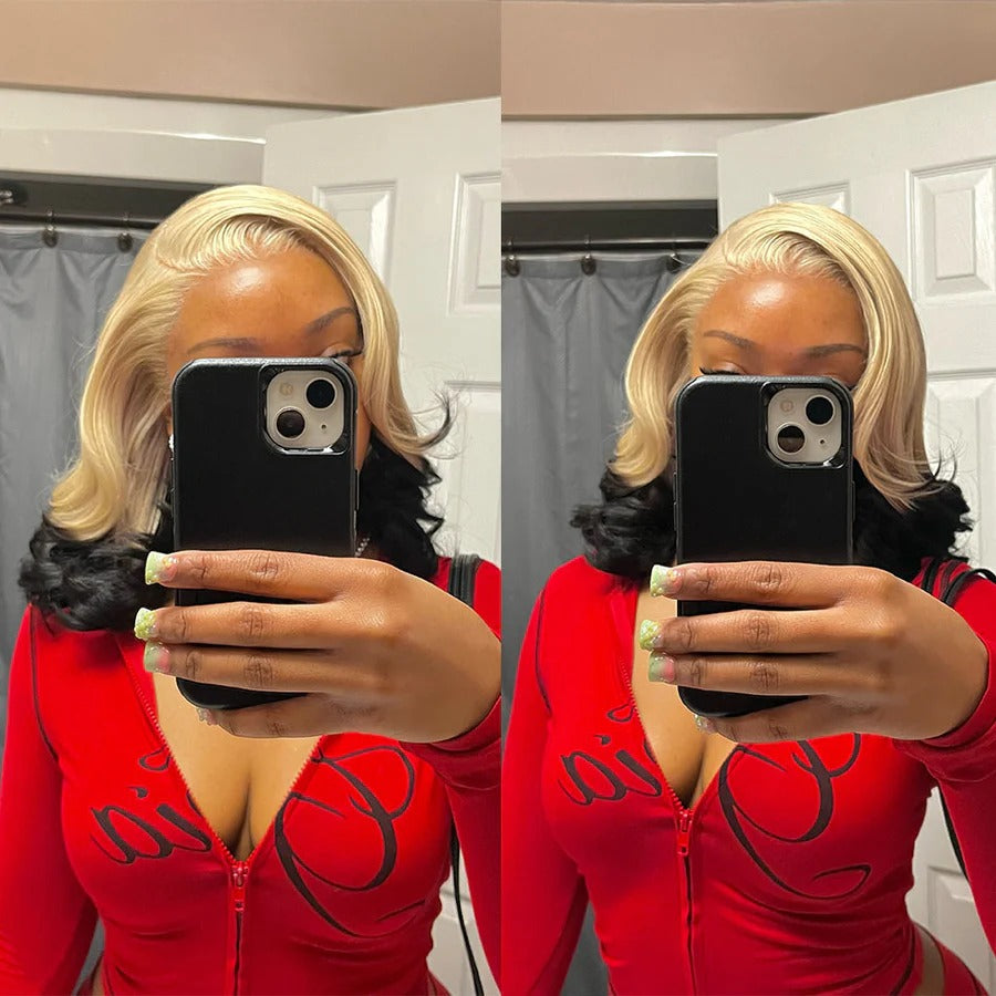 Zlike Blonde With Black Transparent Lace Wigs Invisible Knots Drawstring Virgin Human Hair Straight & Body Wave