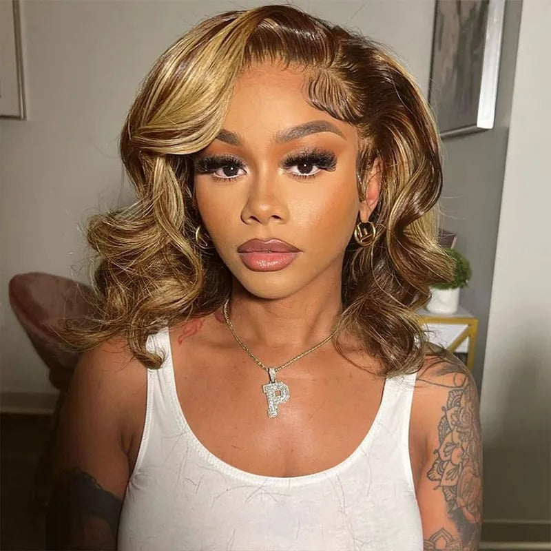 Zlile Blonde Highlight Pre-Styled Body Wave Ready To Go Glueless Layer Wavy Bob Wig With Baby Hair