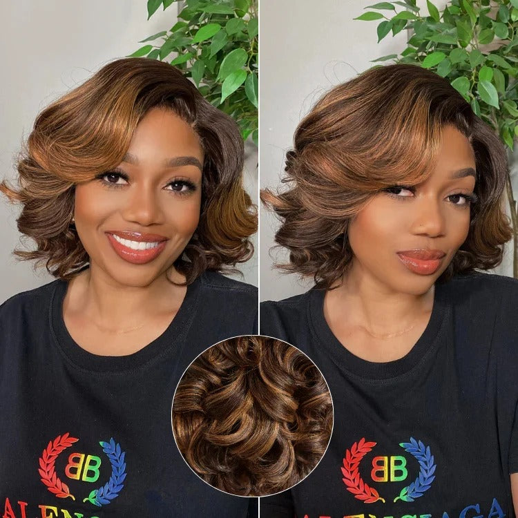Zlike Side Part Roman Wave Bob Wigs Human Hair Glueless Lace Wig Lady Wigs