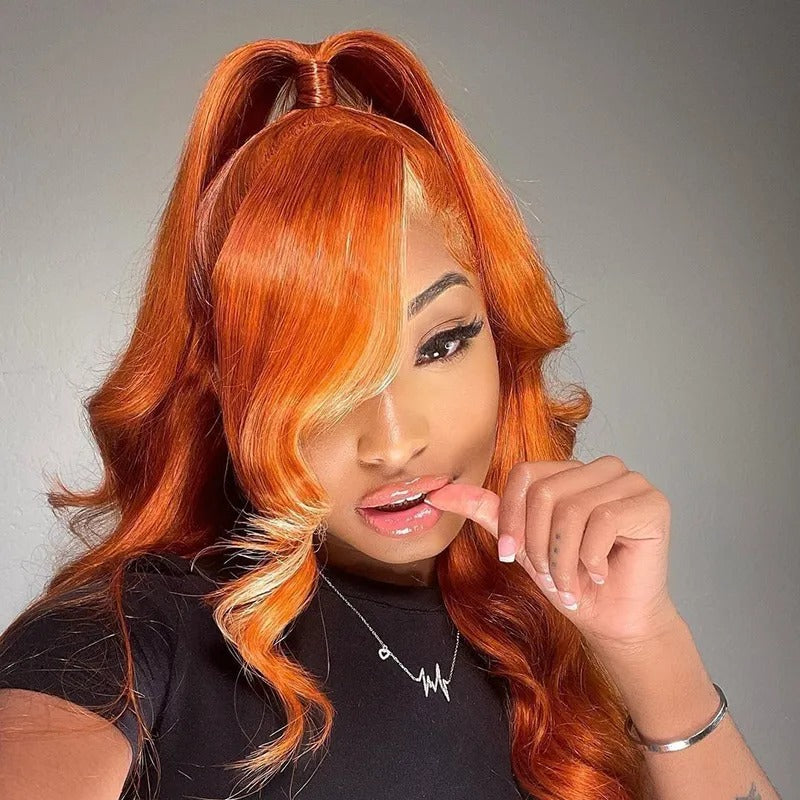 Zlike Ginger With Blonde Skunk Stripe Lace Front Wigs Body Wave Human Hair Wigs