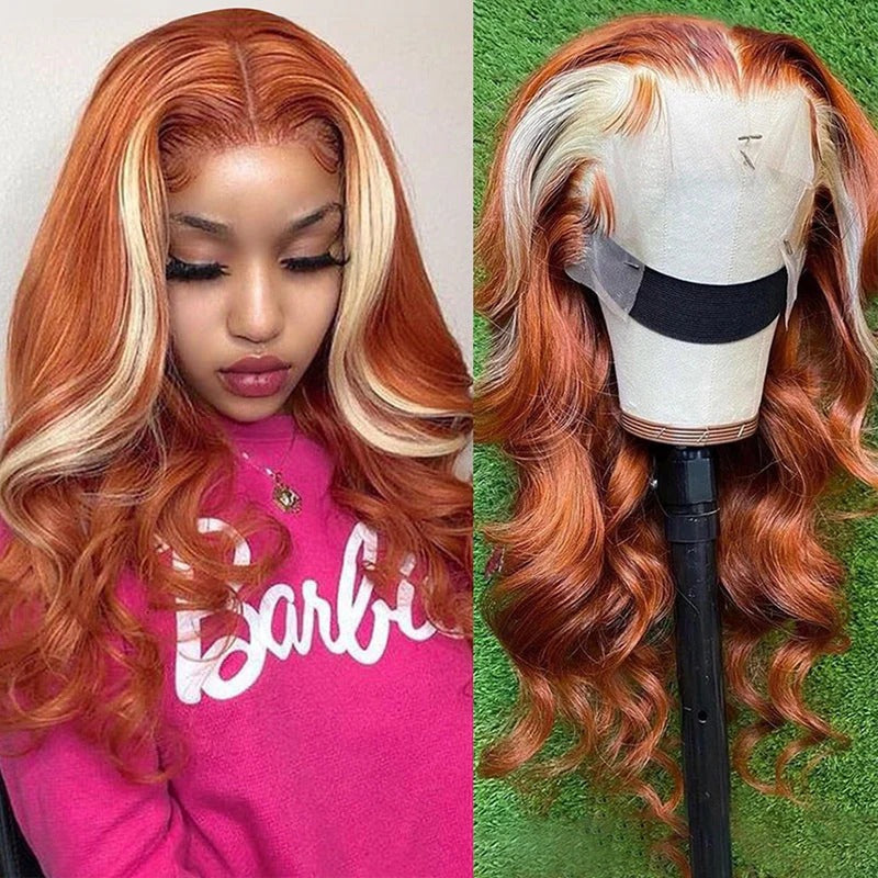 Zlike Ginger With Blonde Skunk Stripe Lace Front Wigs Body Wave Human Hair Wigs
