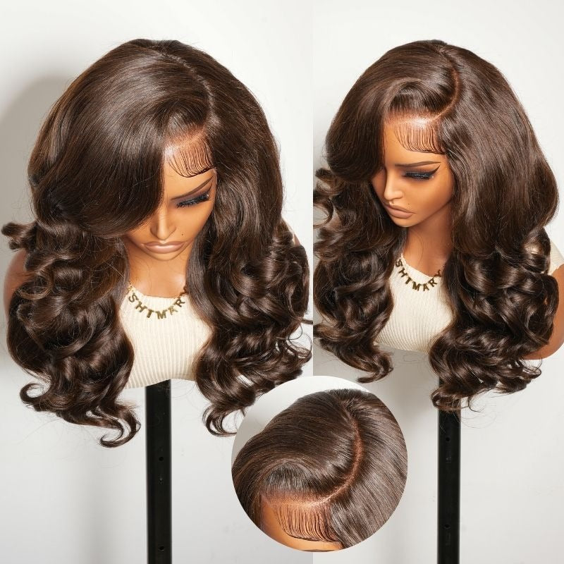 Zlike Chocolate Brown Peacock Curls Pull & Go 13x6 Full Glueless Lace Front Wigs Human Hair Pre-Styled with Heavy Layers