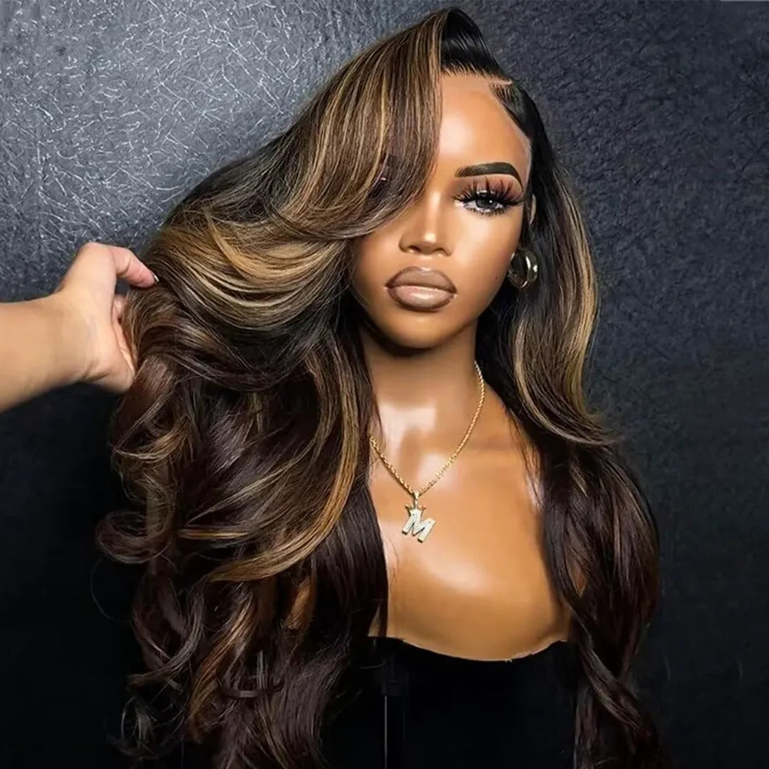 Zlike Balayage Brown Highlight Feathered Layer 13x6 Lace Front Wigs Glueless Pull & Go Pre-Styled Human Hair Wigs