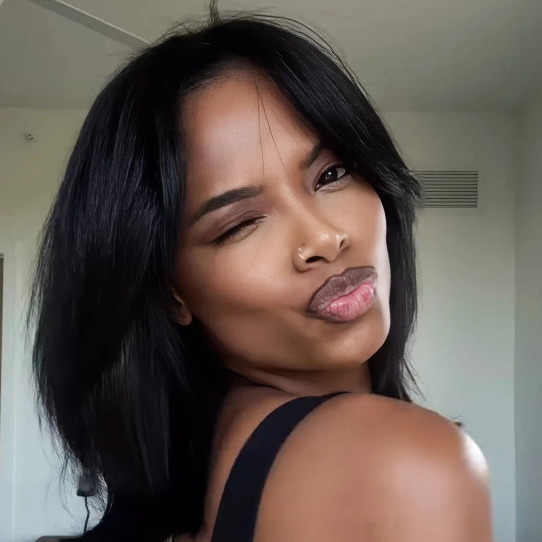 Zlike 7x5 Glueless Lace Human Hair Wigs Sleek Swoop Bangs Face-Framing Layered Bob Blowout