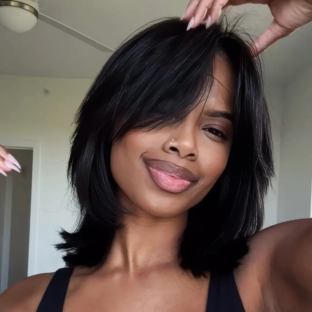 Zlike 7x5 Glueless Lace Human Hair Wigs Sleek Swoop Bangs Face-Framing Layered Bob Blowout