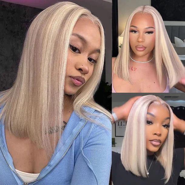 Zlike Zlike Blonde Highlight Straight Bob Wigs Invisible Knots Realistic Hairline With Drawstring Beginner Friendly Human Hair Wigs