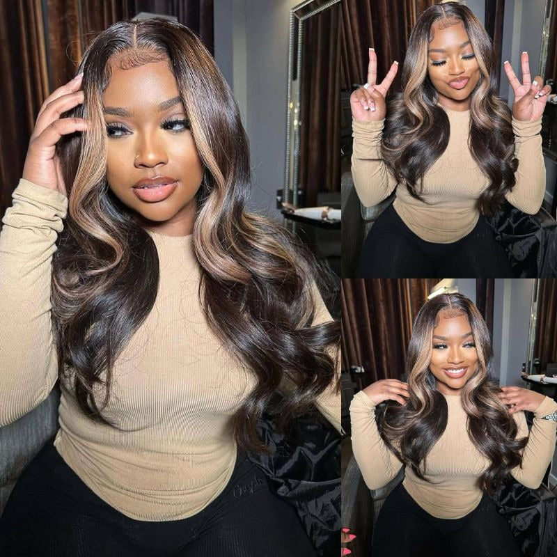 Zlike Money Piece Brown Body Wave Transparent Lace Front Wigs Glueless Human Hair Wigs with Drawstring Skunk Stripe Highlight for Women