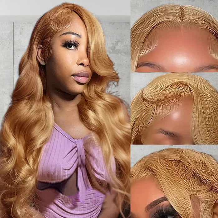 Zlike Honey Blonde #27 Body Wave 13x4 Transparent Lace Front Human Hair Wigs Pre Plucked Glueless