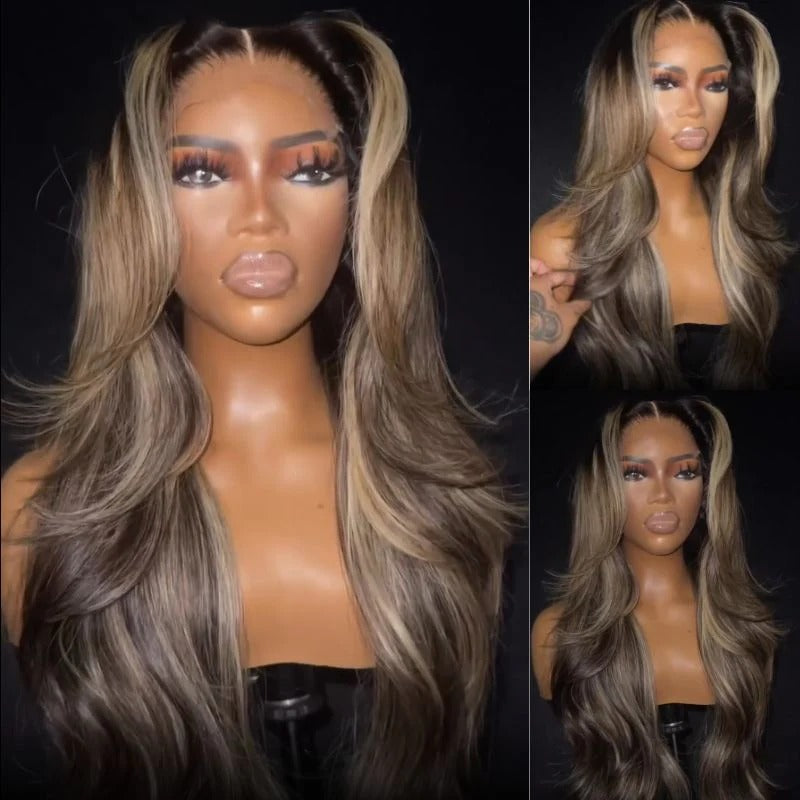 Zlike Brown Mixed Golden Color Long Wavy Human Hair Wigs Ombre Brown Balayage Highlight Lace Front Wigs with Drawstring