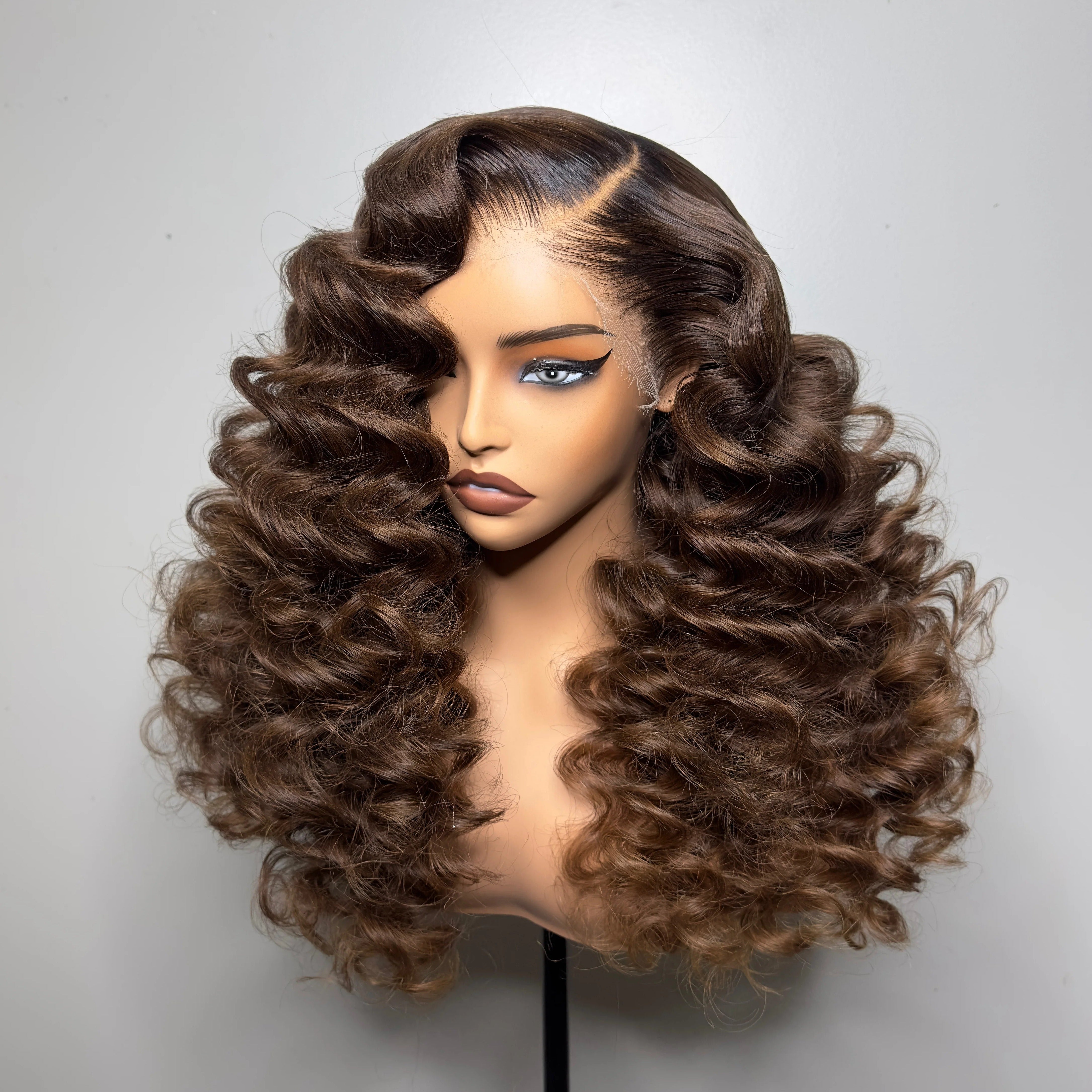 Zlike Wand Curl Chocolate Brown Wigs 300% Density Virgin Human Hair Wigs Transparent Lace Super Double Drawn With Dark Roots