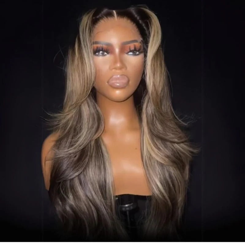 Zlike Brown Mixed Golden Color Long Wavy Human Hair Wigs Ombre Brown Balayage Highlight Lace Front Wigs with Drawstring