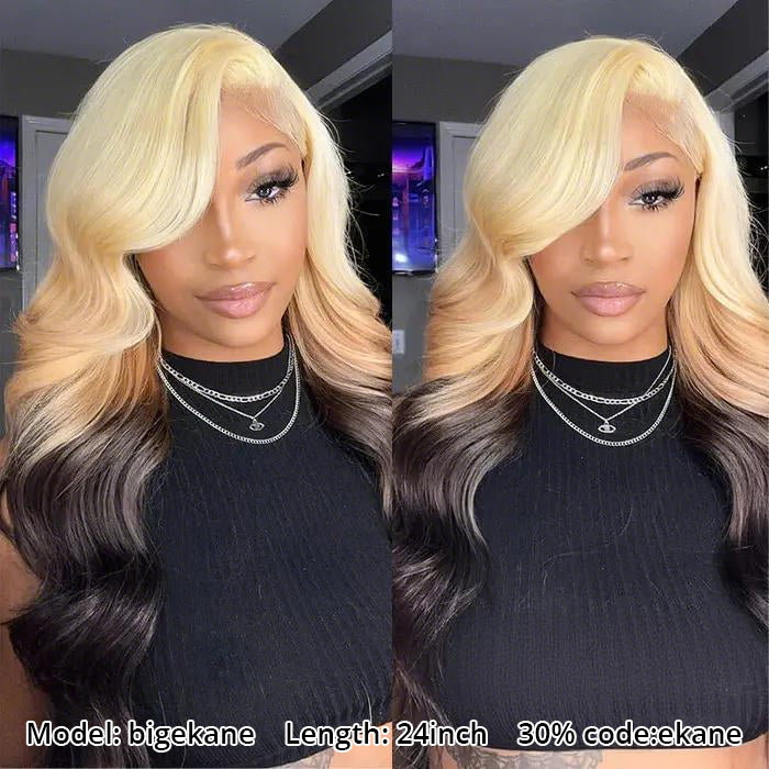 Blonde Ombre 613 Blonde Brown Body Wave Human Hair Wigs With Bangs