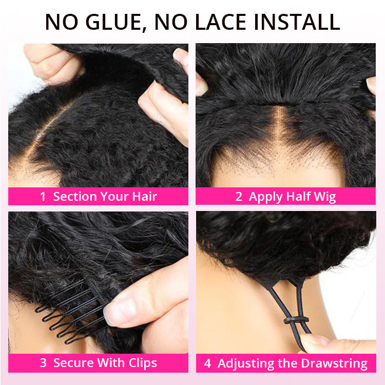 Zlike 3 In 1 Half Wigs Shaggy Wave Flexible Fit Half Wig With Elastic Drawstring Glueless Human Hair Wigs