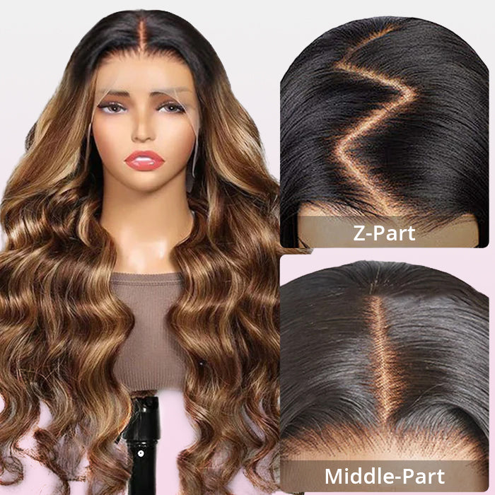 Black Roots Body Wave 4/27 Ombre Highlight Transparent Lace Frontal Human Hair Wigs High Density