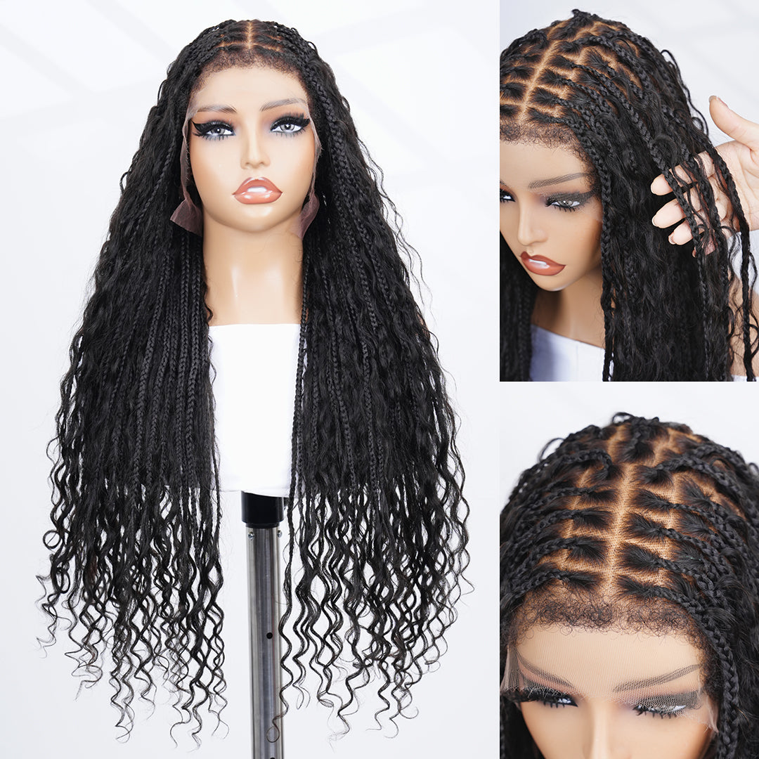 Zlike Water Wave Boho Braids Glueless Pre-Cut Lace Front Long Wigs Human Hair Wigs With Braided Top