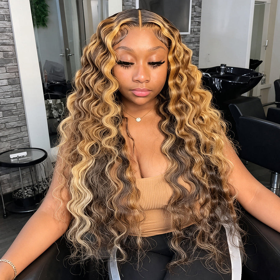 300% Density Pre Cut Honey Blonde Highlight Loose Deep Wigs Virgin Human Hair Transparent Lace Front Glueless Wigs