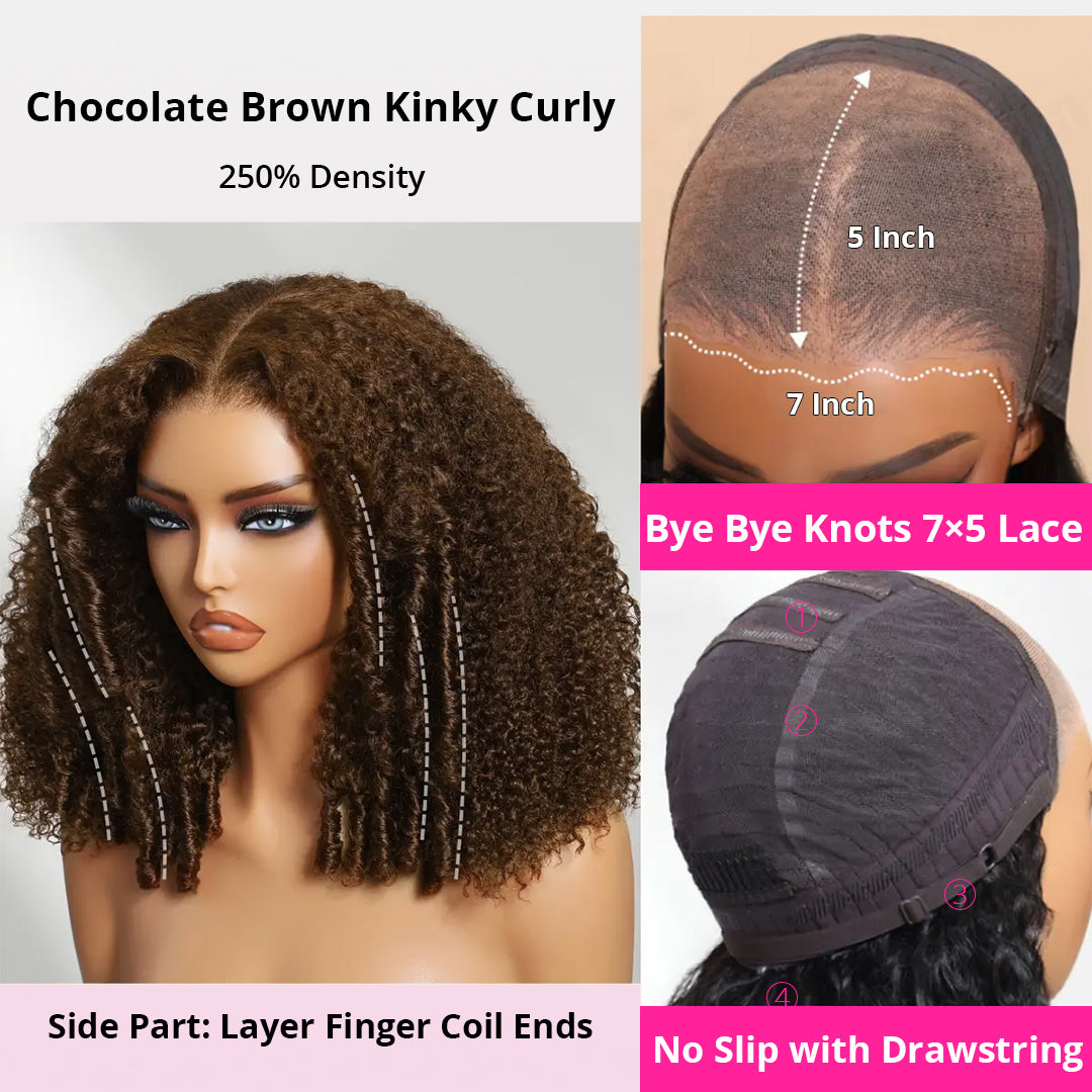 Zlike 250% Density Fluffy Layer Burmese Curly Wigs Pre-cut 7x5 Transparent Lace Closure Human Hair Wigs With Drawstring