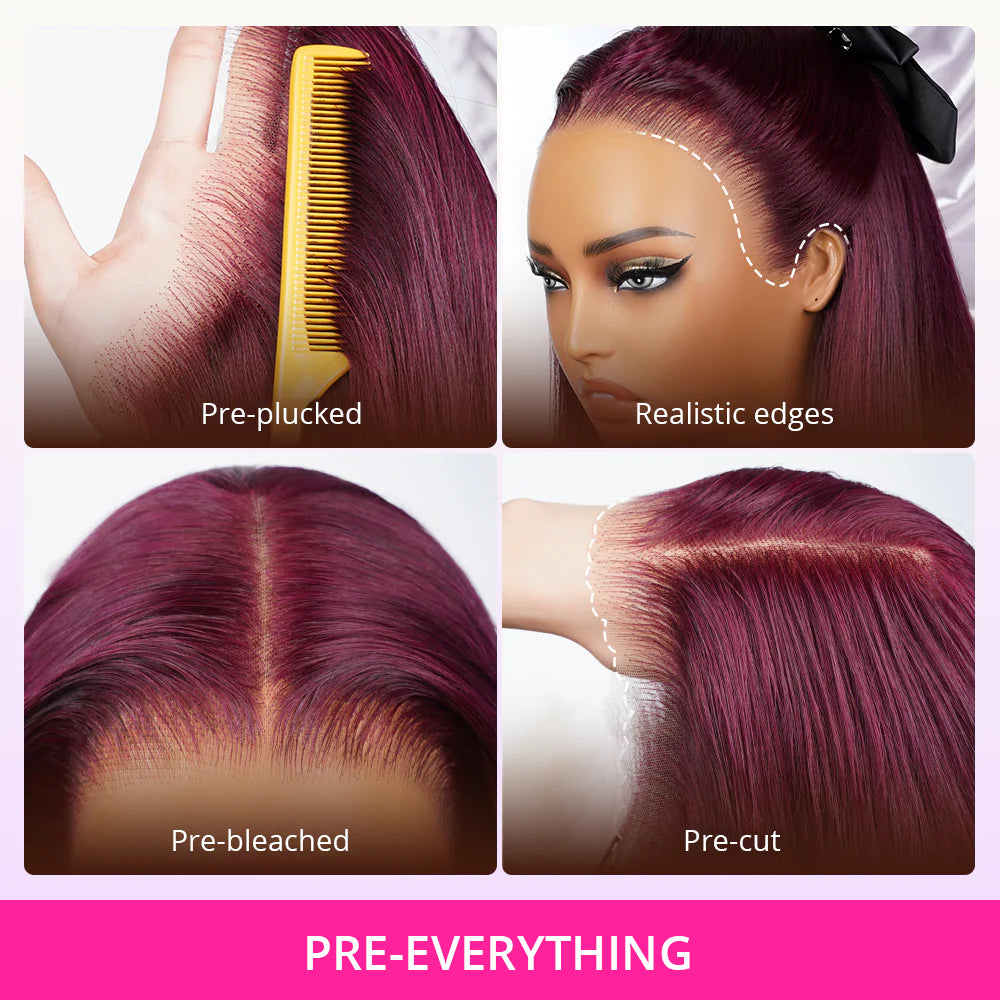 Zlike Pull Go 13x6 Pre Cut Lace Front Wigs Dark Plum Glueless Wigs Body Wave With Drawstring 100% Human Hair Wig