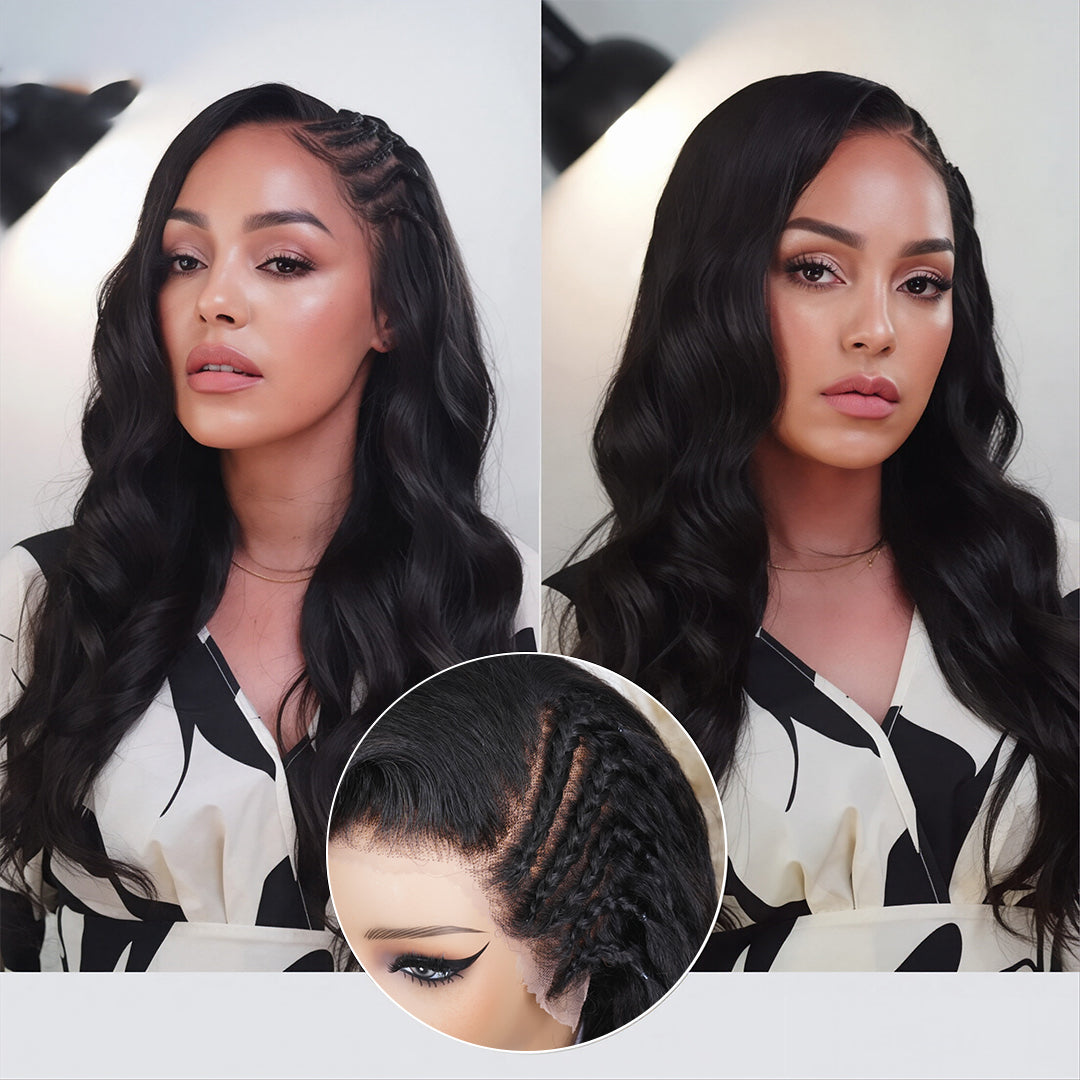 Zlike Side Braided Yaki Body Wave 13x6 Frontal Lace Glueless Wigs 100% Human Hair With Drawstring