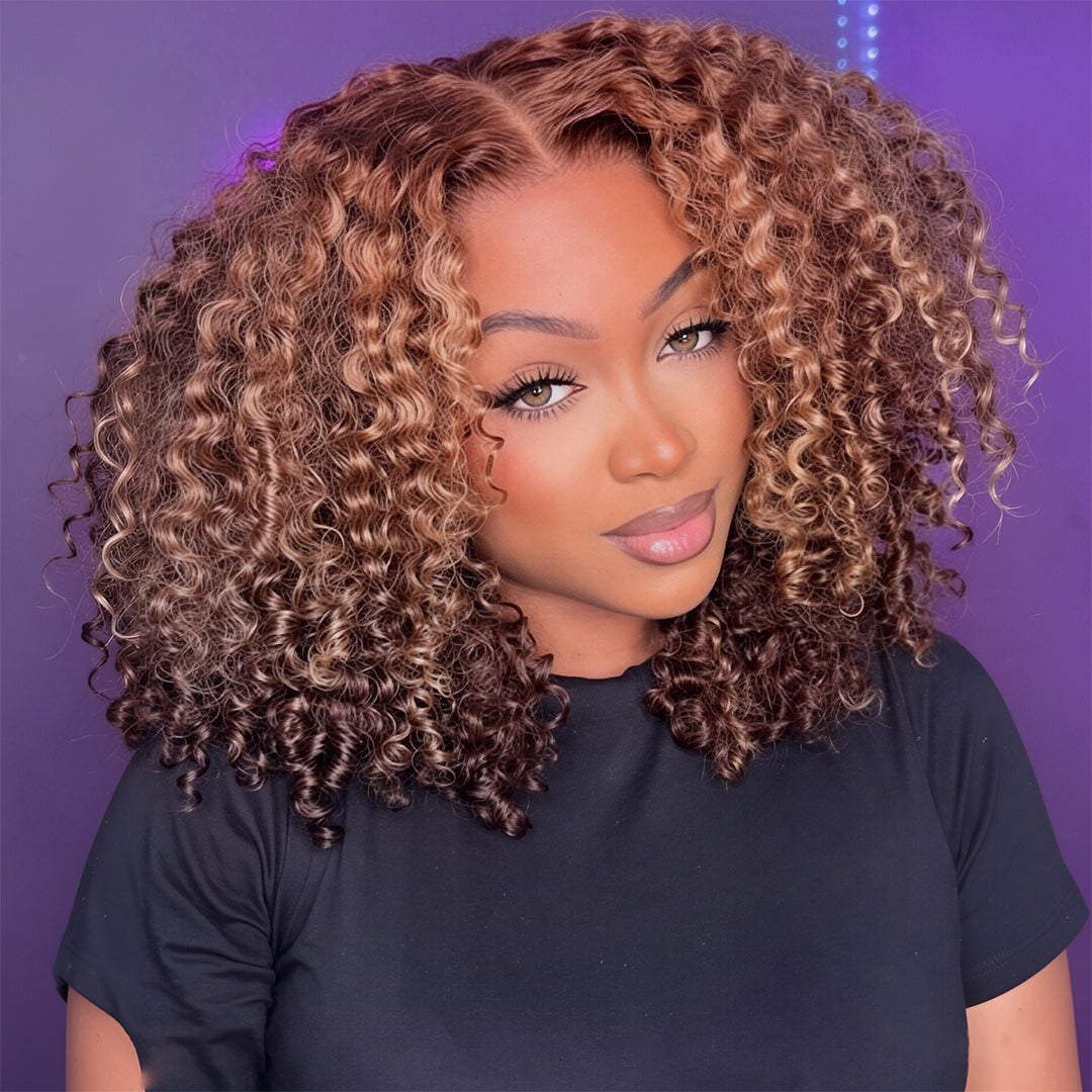 Styled Wig | Honey Blonde Highlights Kinky Curly Short Bob Wig Glueless Lace Closure Bob Wigs