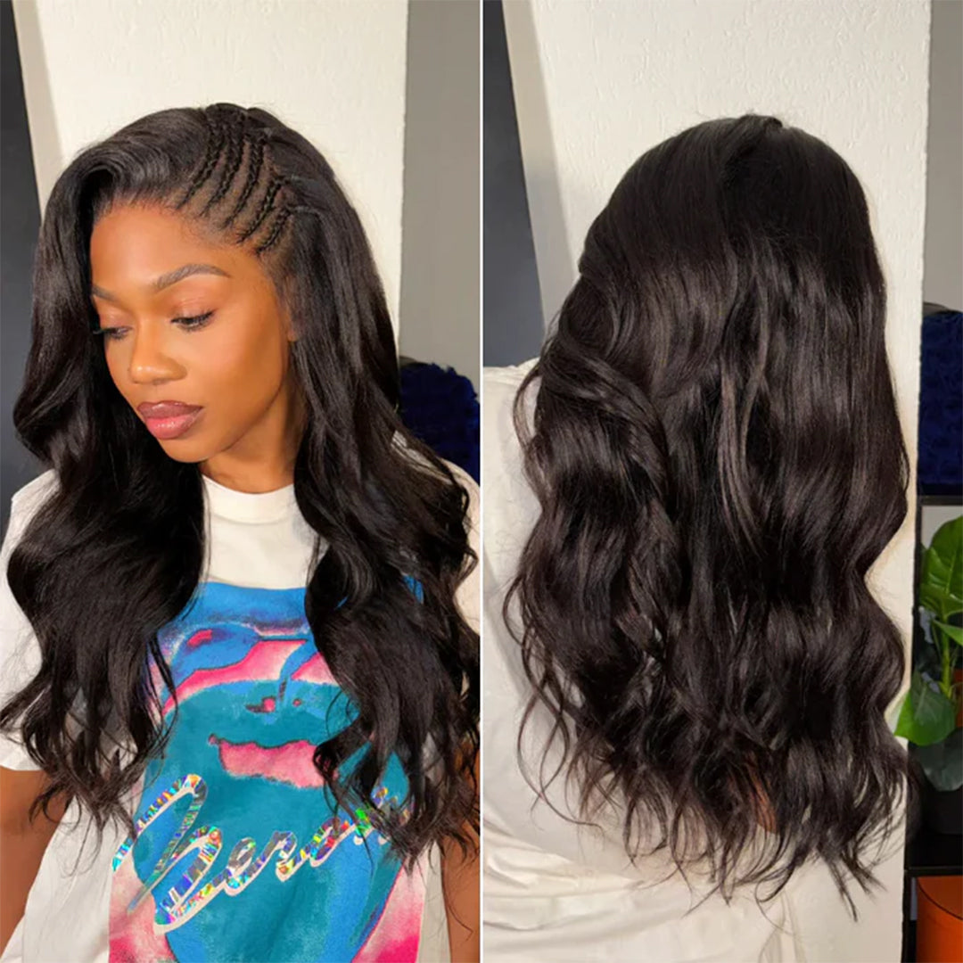 Zlike Side Braided Yaki Body Wave 13x6 Frontal Lace Glueless Wigs 100% Human Hair With Drawstring