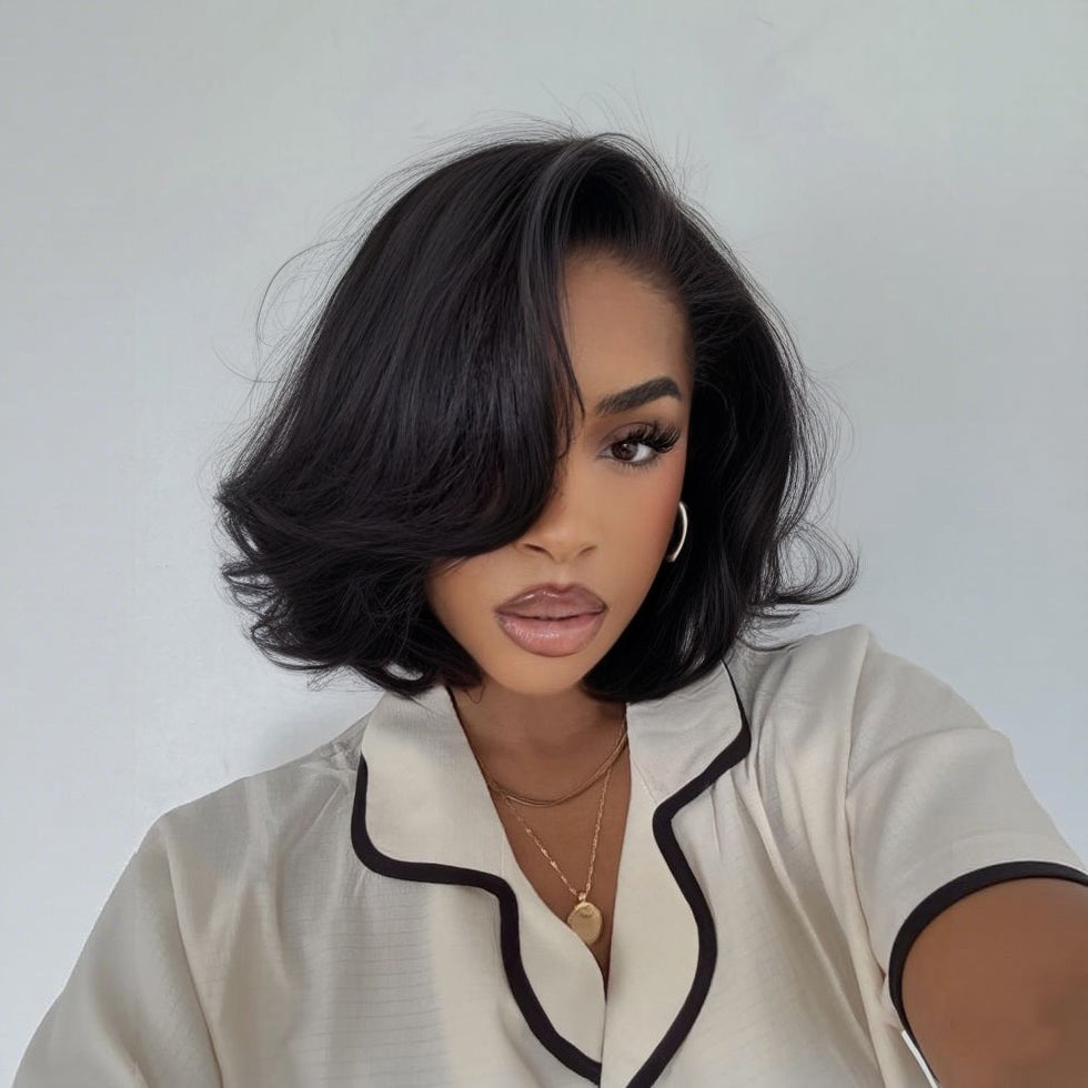 Zlike 250% Density Pre Styled Salon Quality Side Part #4 Chocolate Brown Lace Front Natural Blowout Curve Bob Wigs Human Hair