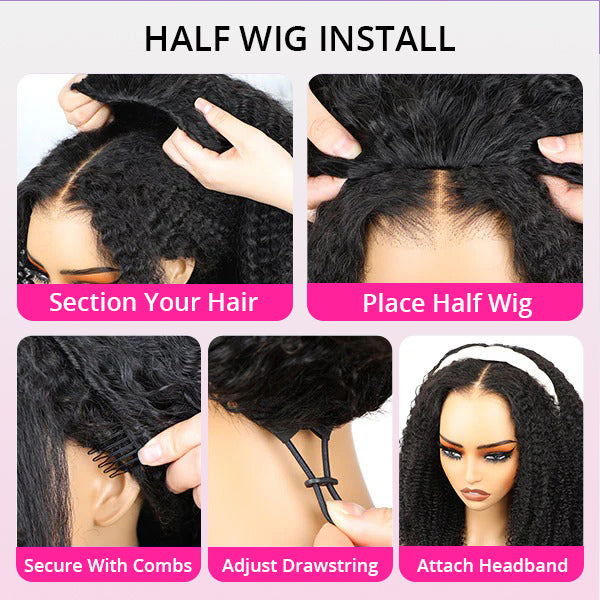 3 In 1 Half Wigs Kinky Curly Flexible Fit Half Wigs With Drawstring Beginner Friendly