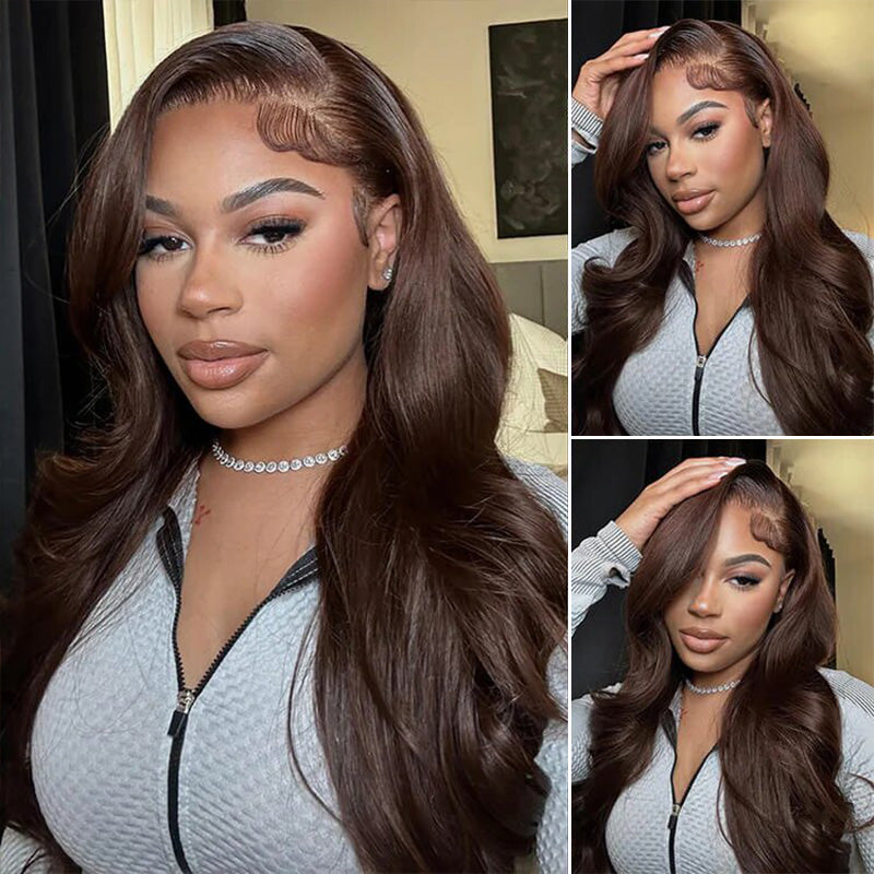High Density #4 Chocolate Brown Body Wave Lace Front Wig Pre Plucked Human Hair Wigs