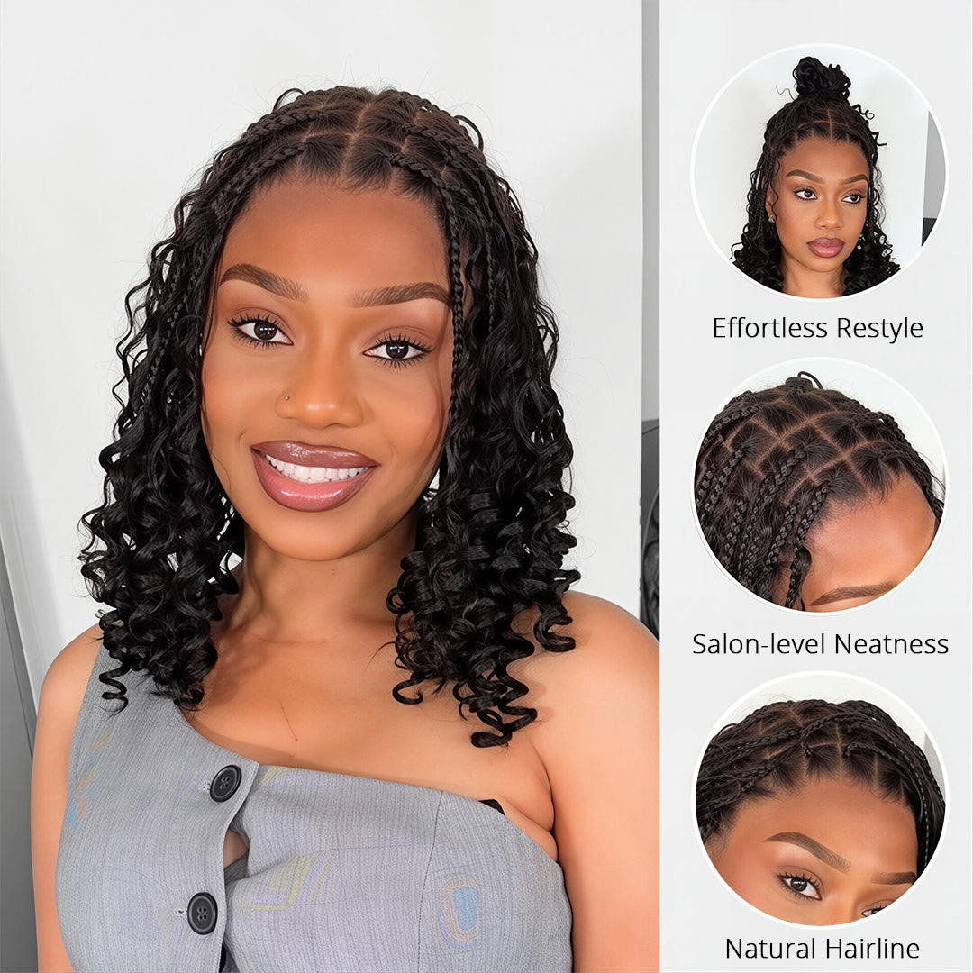 Zlike Boho Braids Water Wave Glueless Closure Lace with Braided Top Human Hair Wigs Pre-Cut Lace