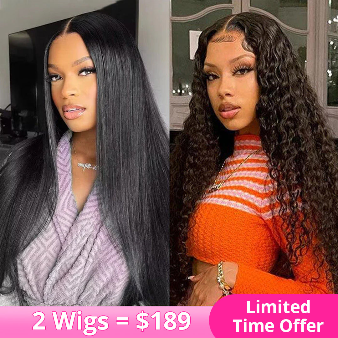 2Wigs = $189 | Glueless Straight Wig + Glueless Water Wave Wig