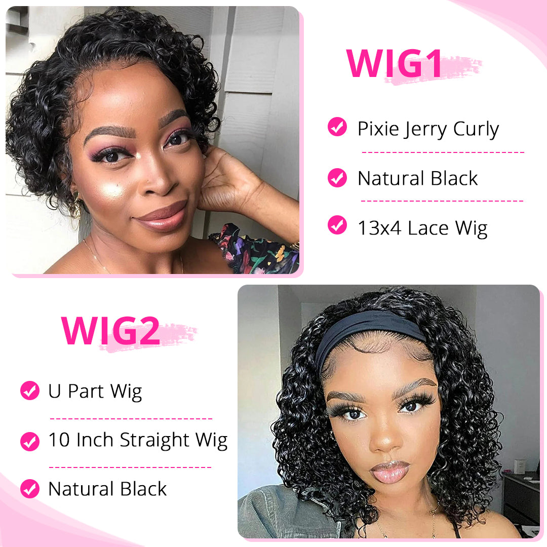 89=2 Wigs Glueless Water Wave Short Bob Wig + Pixie Cut 13x4 Side Part Jerry Curly Wig