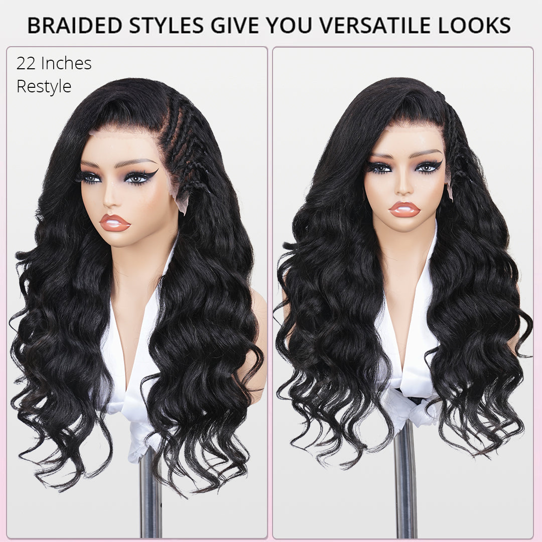 Zlike Side Braided Yaki Body Wave 13x6 Frontal Lace Glueless Wigs 100% Human Hair With Drawstring
