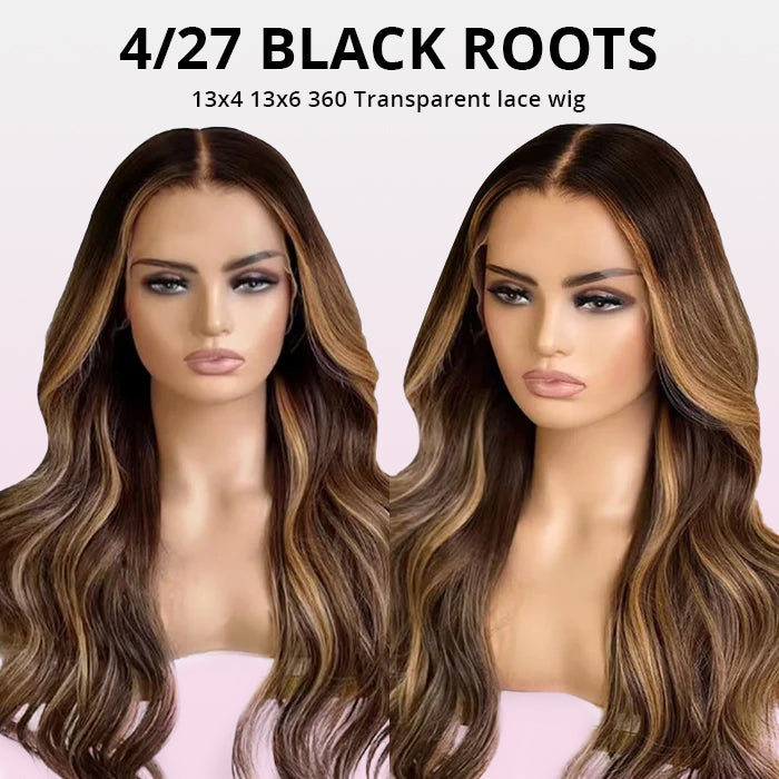 Black Roots Body Wave 4/27 Ombre Highlight Transparent Lace Frontal Human Hair Wigs High Density