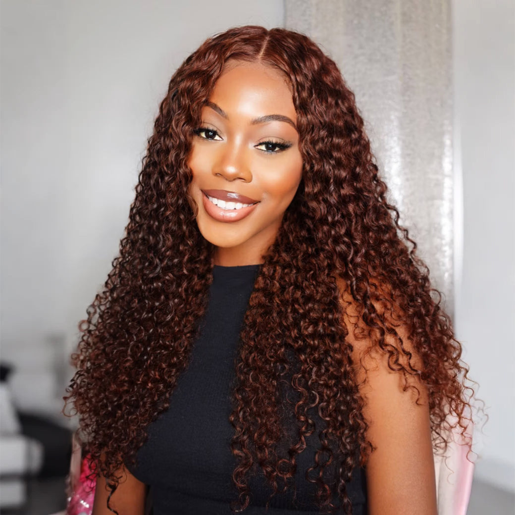 Zlike #33 Reddish Brown 7x5 Lace Closure Jerry Curly 100% Human Hair Glueless Wigs With Pre Plucked Hairline