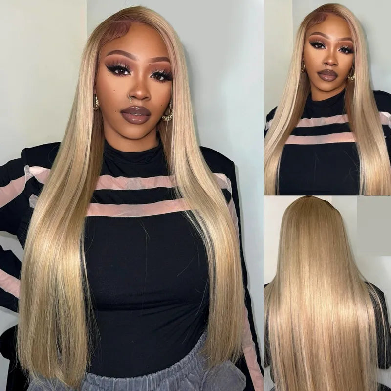 Zlike Ash Blonde Wigs with Dark Roots Drawstring Glueless 13x4 Transparent Lace Human Hair Wigs