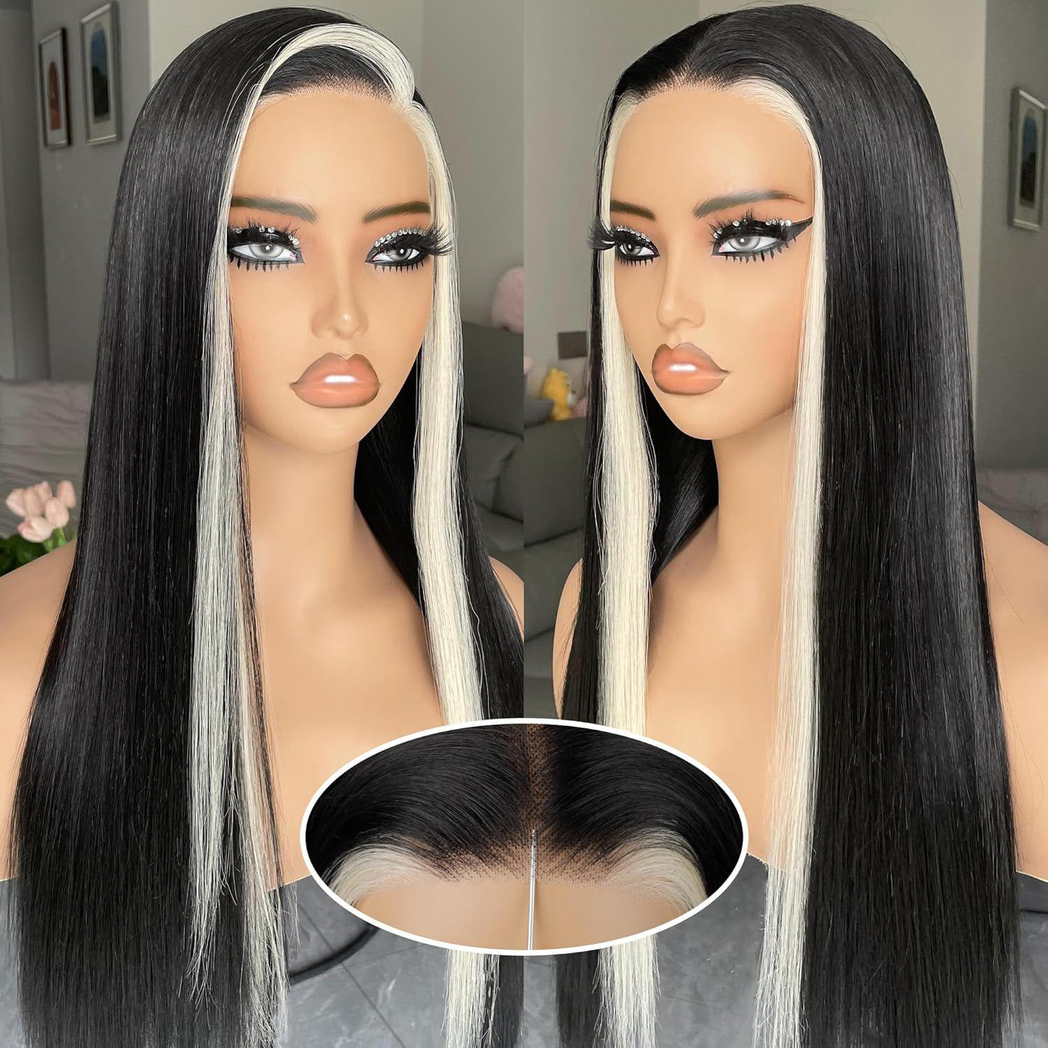 Side View of 613 Highlight Blonde Skunk Stripe Layered Cut Human Hair Wig