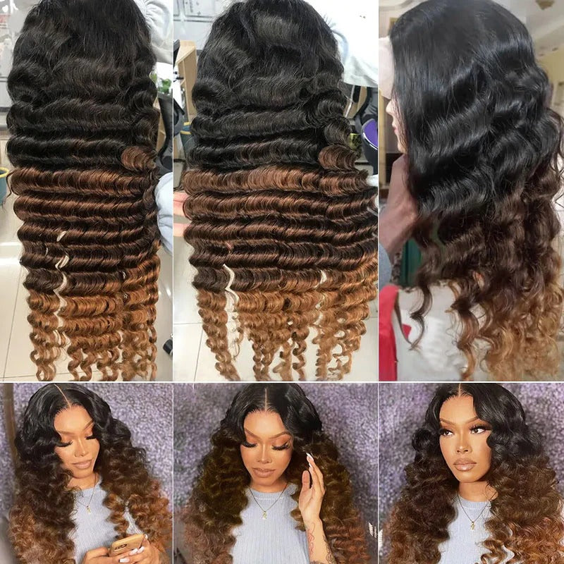 Back view of long loose deep wave human hair wig with smooth auburn brown waves