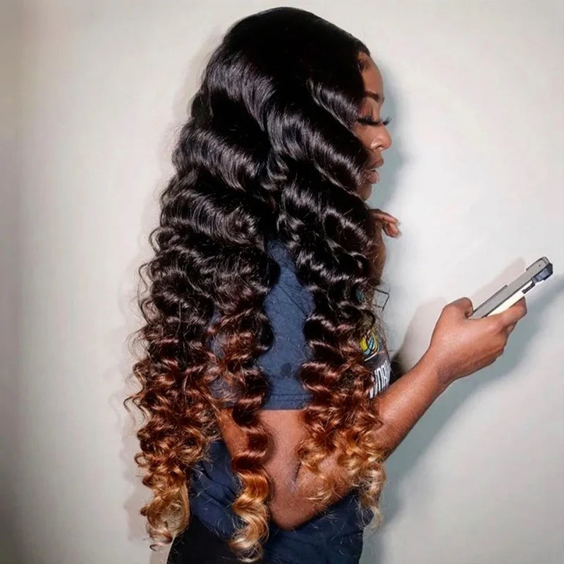 Loose deep wave texture of ombre brown light auburn human hair wig with soft defined waves