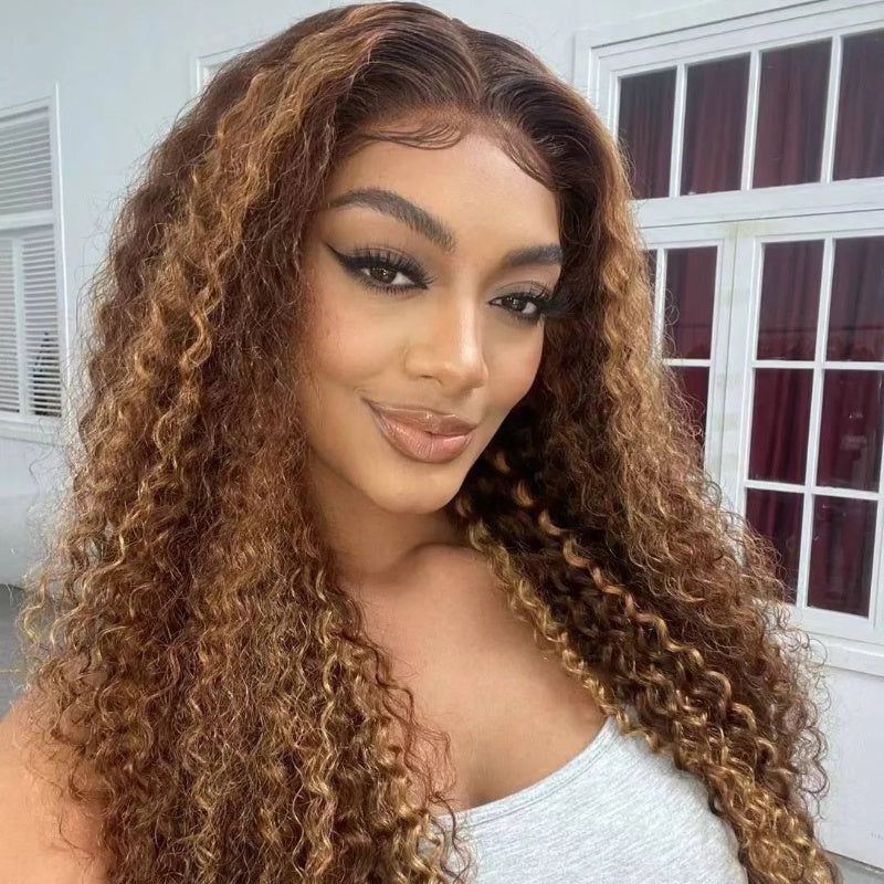 Honey Blonde Highlights #4/27 Colored Curly Transparent Lace 100% Virgin Human Hair Wigs