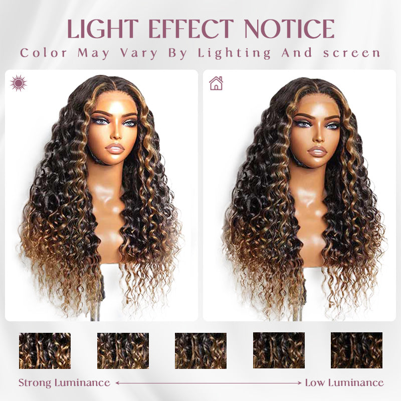 Brown Ombre Highlights Money Piece Water Wave 13x4 Transparent Lace Front Human Hair Wigs