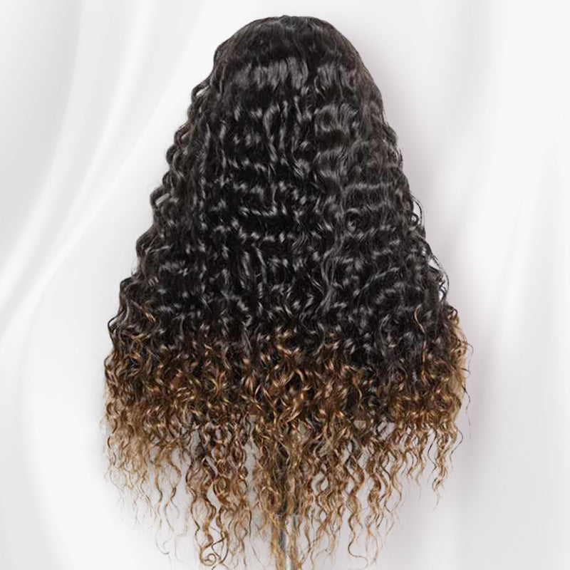 Brown Ombre Highlights Money Piece Water Wave 13x4 Transparent Lace Front Human Hair Wigs
