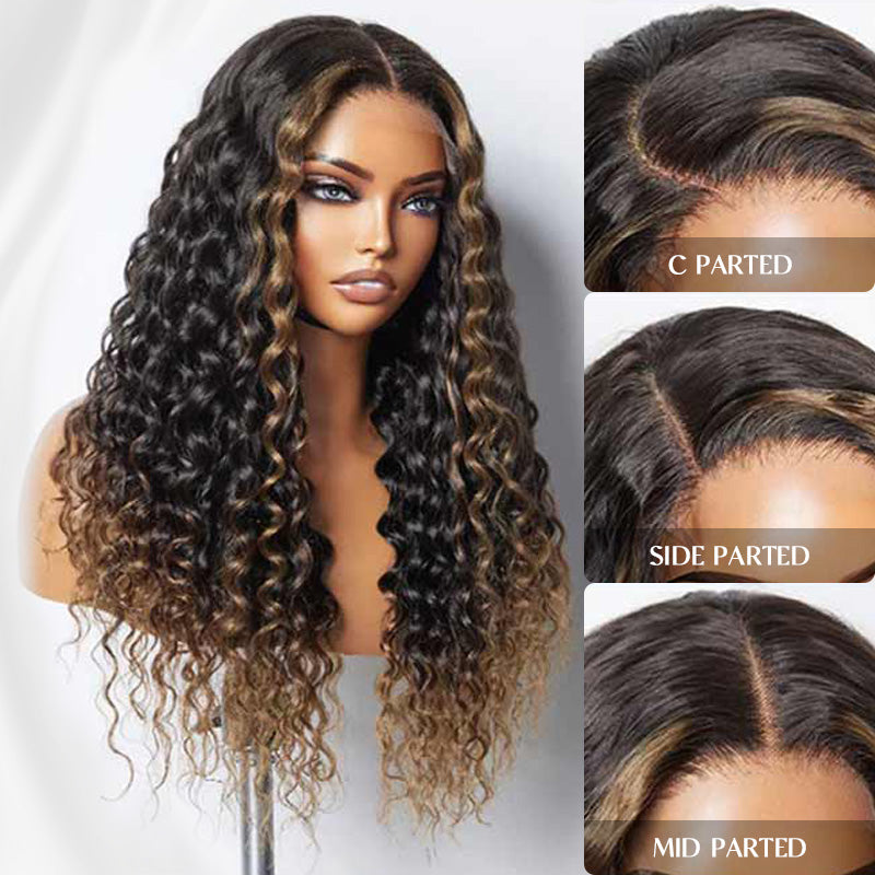Brown Ombre Highlights Money Piece Water Wave 13x4 Transparent Lace Front Human Hair Wigs