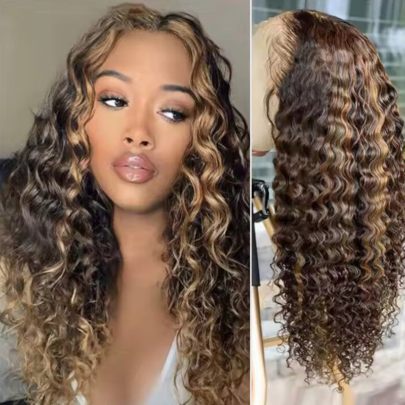 Brown Ombre Highlights Money Piece Water Wave 13x4 Transparent Lace Front Human Hair Wigs