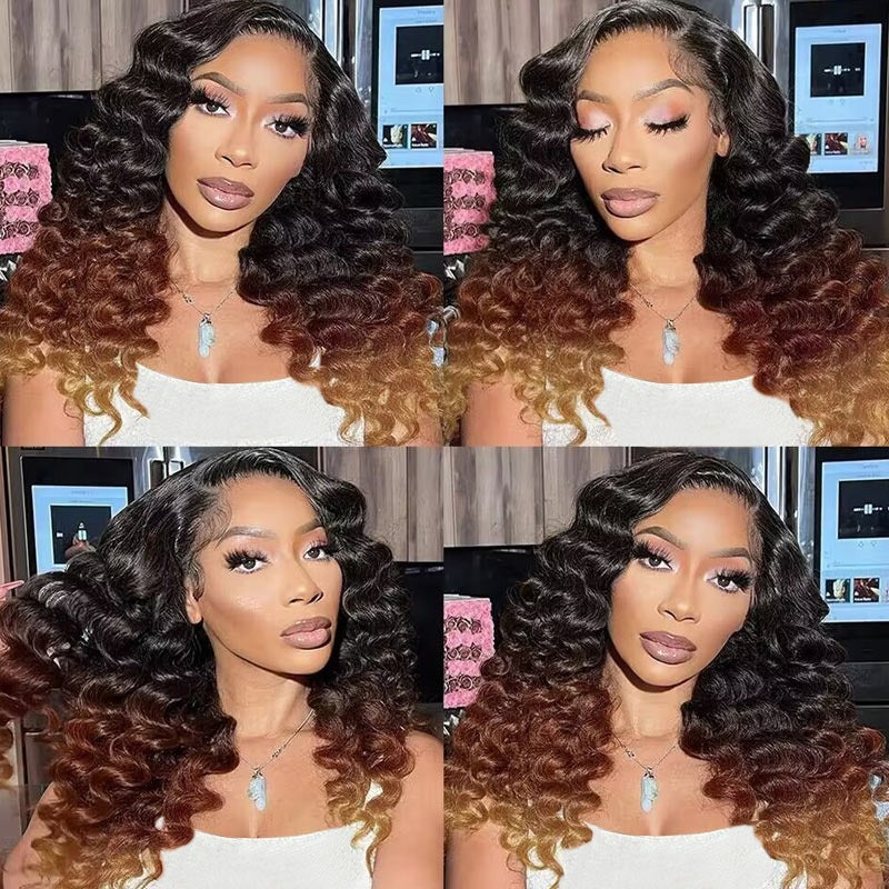 Side view of ombre auburn loose deep wave wig showing full body and flowing waves
