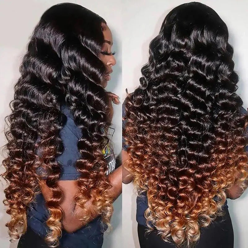 Ombre brown to light auburn loose deep wave human hair wig with transparent lace front