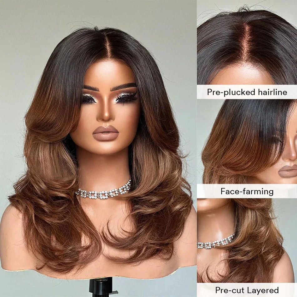 Zlike 250% Density Ombre Brown Curtain Bangs And Layered Cut Design Glueless Lace Wig