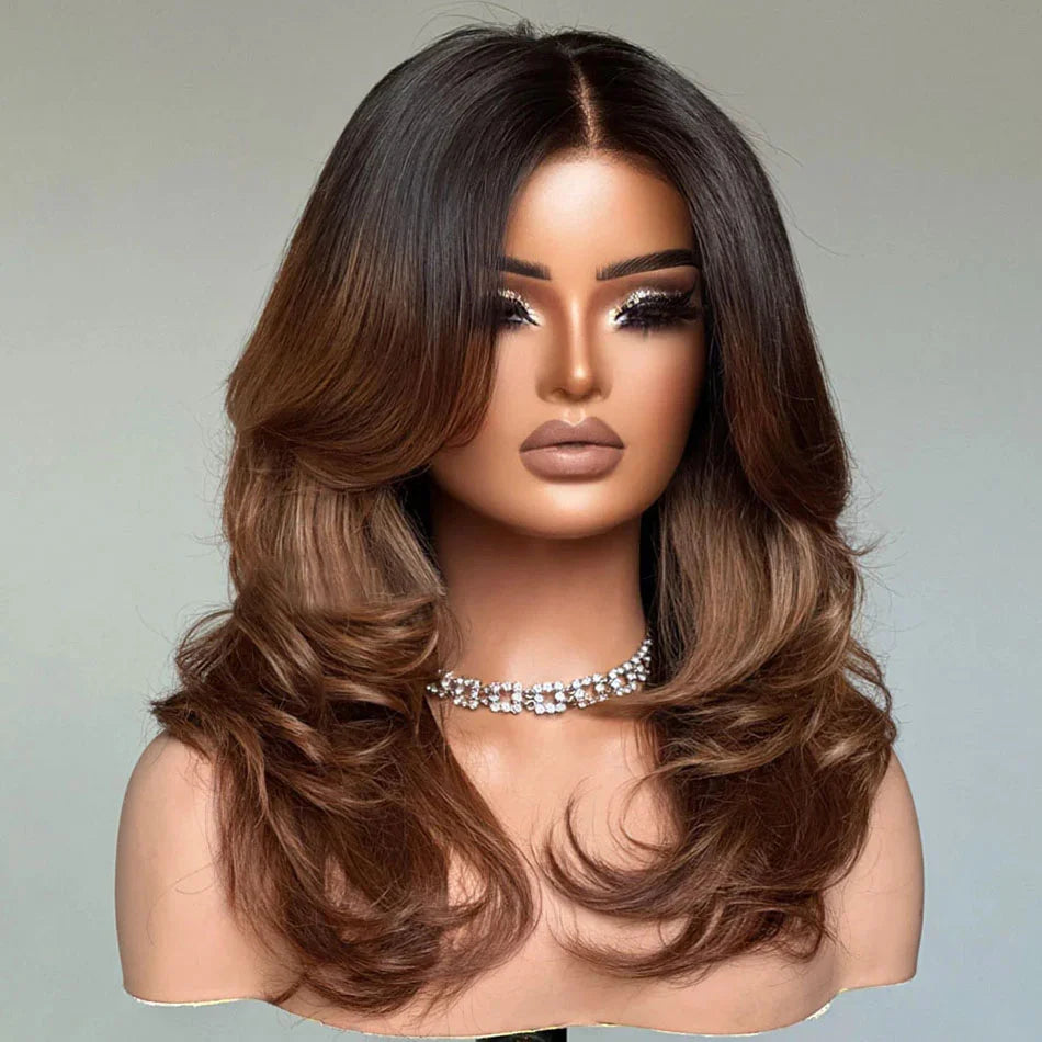 Zlike 250% Density Ombre Brown Curtain Bangs And Layered Cut Design Glueless Lace Wig