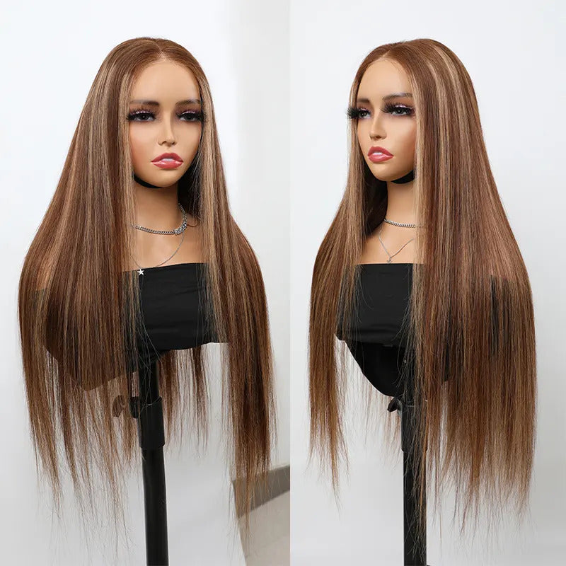 #4/27 Honey Blonde Highlights Straight Transparent Lace Closure Wig Glueless Human Hair Wigs