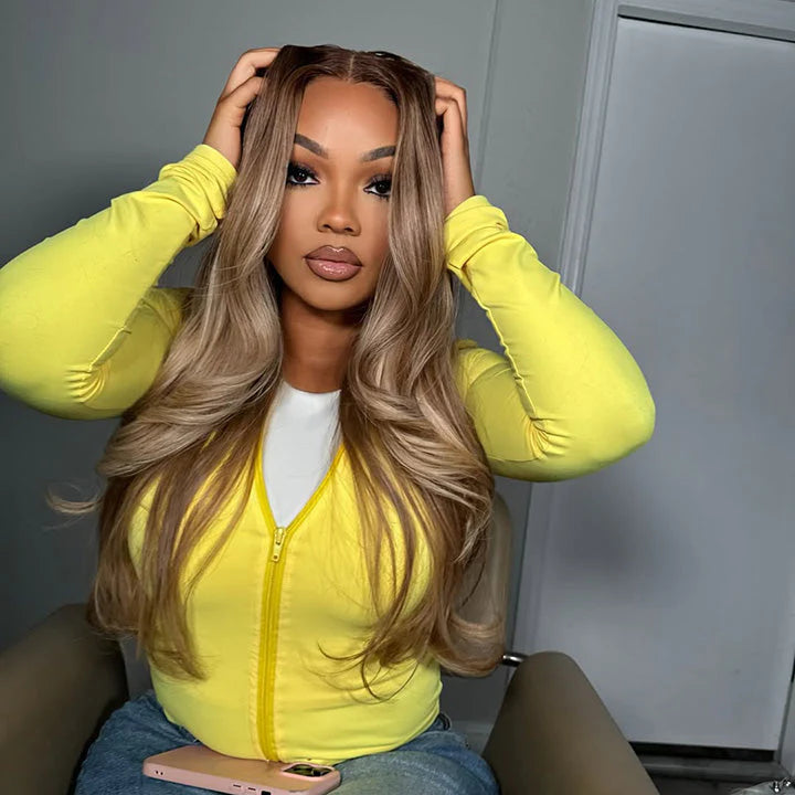 Zlike Mushroom Blonde Straight Body Wave Wigs with Dark Roots Drawstring Glueless 13x4 Transparent Lace Human Hair Wigs