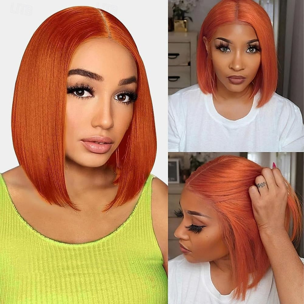 Short Orange Straight Bob Wig 13*4/4*4 Human Hair Lace Front Bob Wigs-Zlike